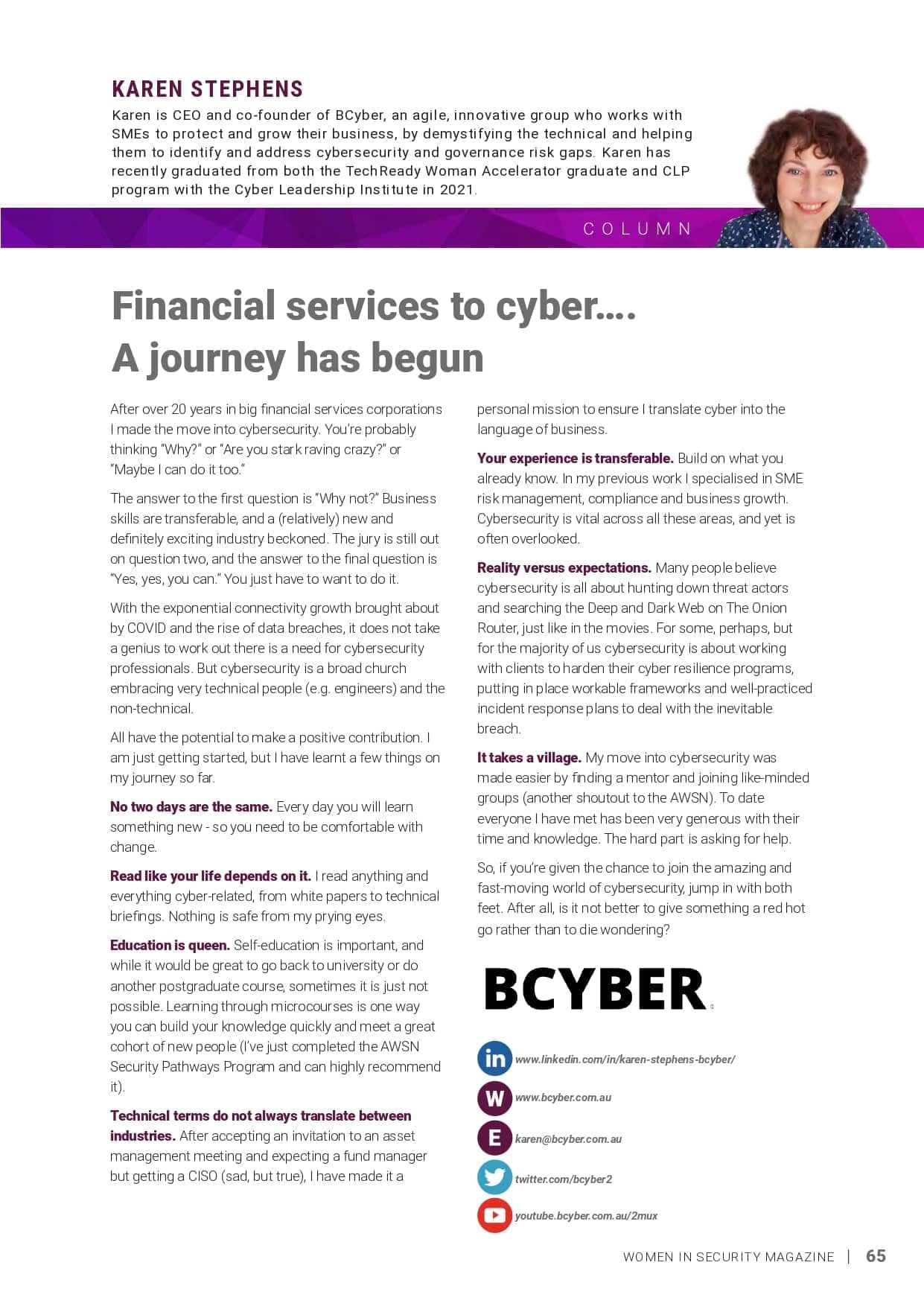 Financial services to cyber…. A journey has begun personal mission